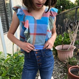 Summer plaid sleeveless blouse by Maeve.